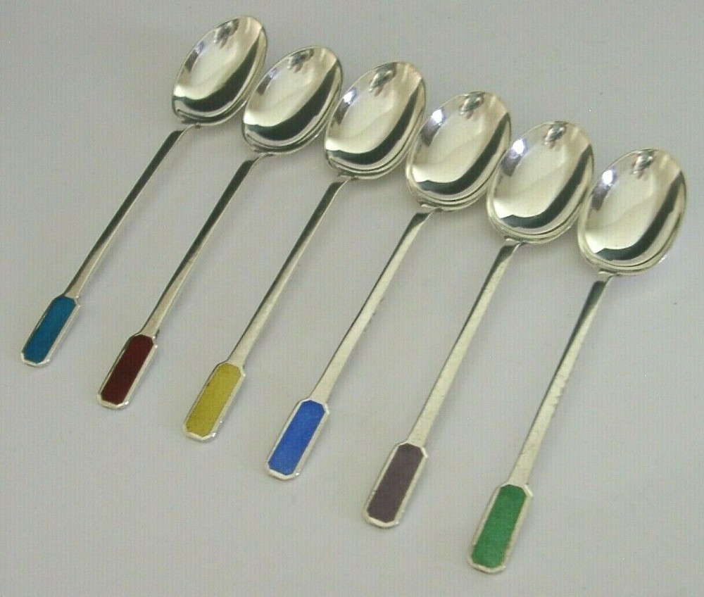 SIX STUNNING ENGLISH SOLID STERLING SILVER ENAMEL SPOONS 1918 ART DECO