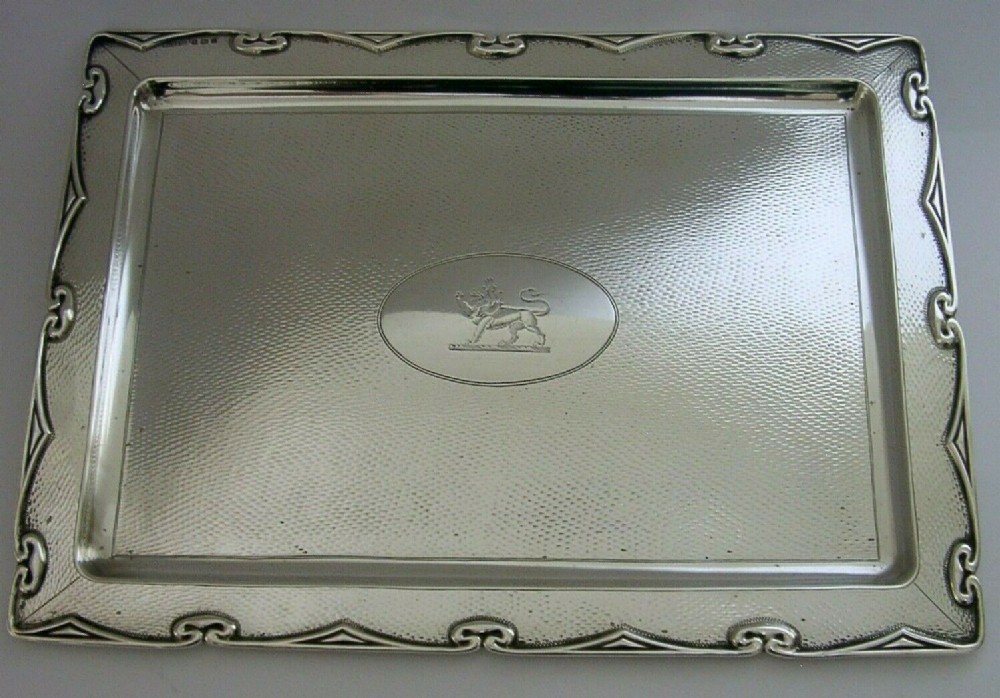 LARGE ENGLISH SOLID STERLING SILVER BRUCE FAMILY CRESTED TRAY 1910 ANTIQUE 368g