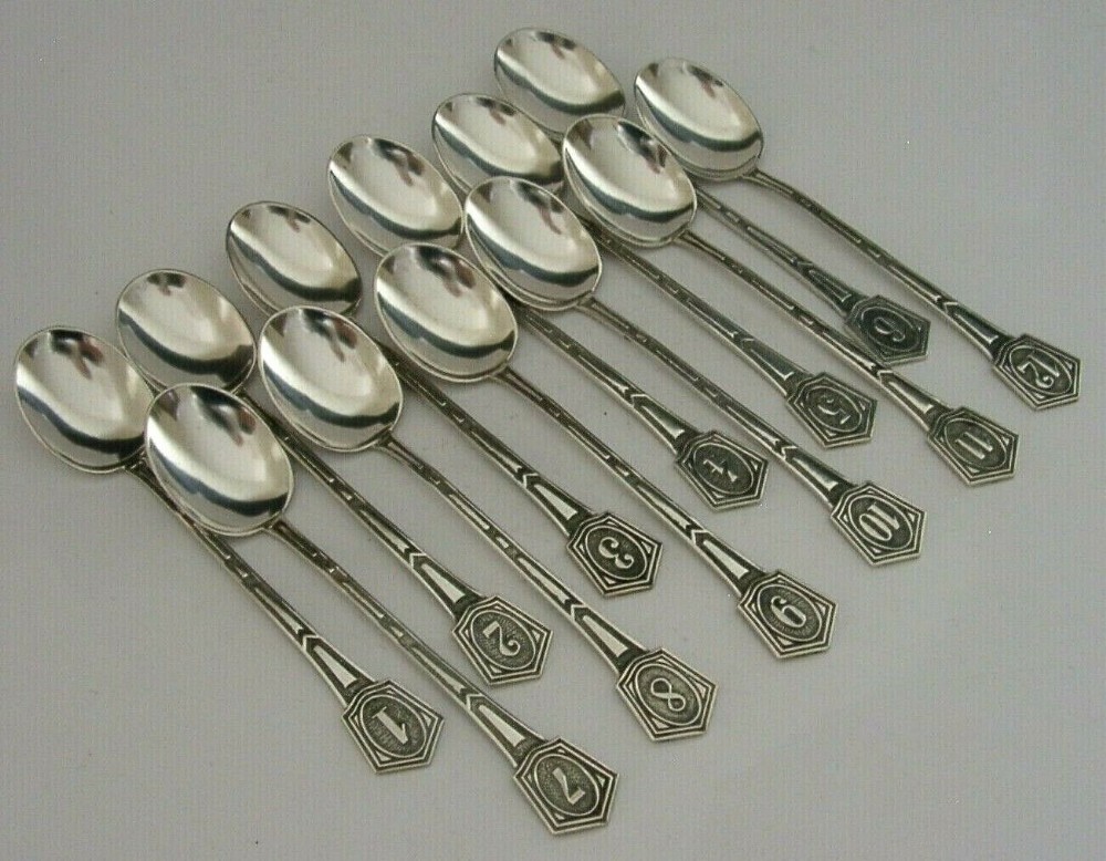 RARE DUTCH TWELVE SOLID SILVER NUMBERED SPOONS c1920 ART DECO ANTIQUE 114g
