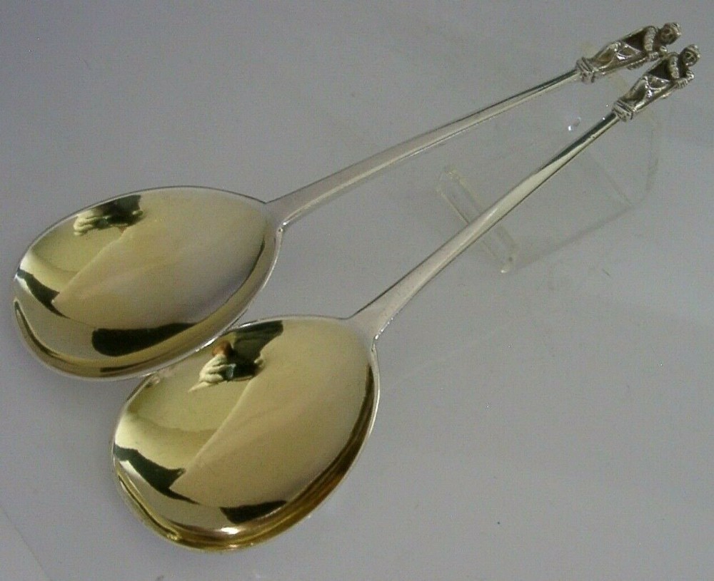 SUPERB VICTORIAN ENGLISH APOSTLE STERLING SILVER SERVING SPOONS 1888 ANTIQUE 90g