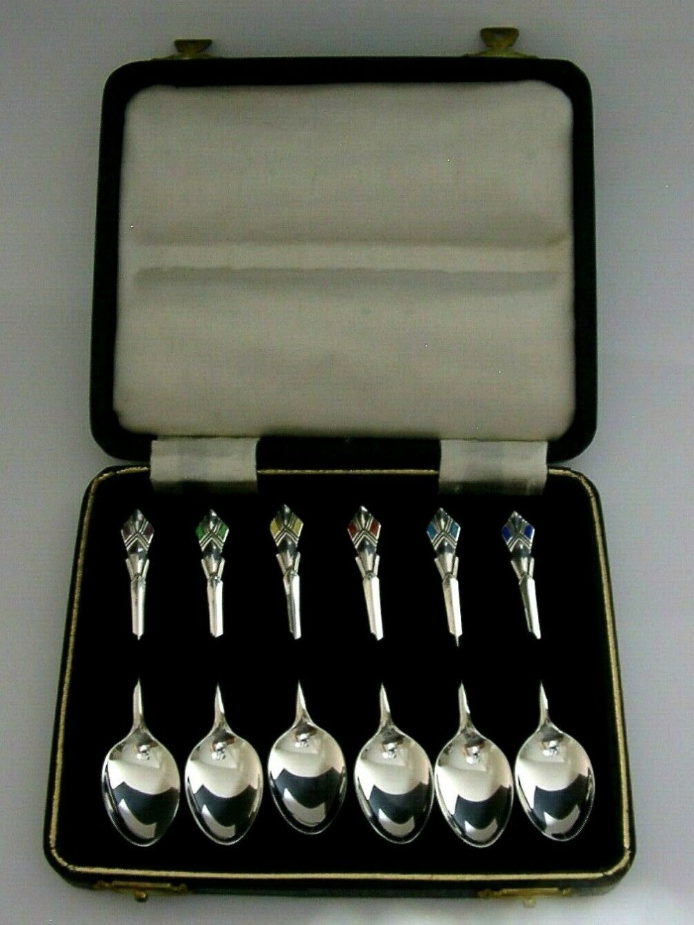 SUPERB ENGLISH SIX SOLID STERLING SILVER AND ENAMEL ART DECO SPOONS CASED 1947