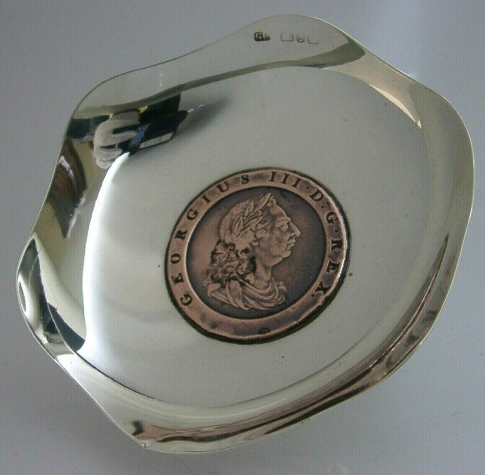 HEAVY ENGLISH STERLING SILVER 1797 GEORGIAN COIN DISH BOWL ANTIQUE 1898 102g