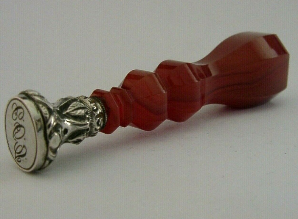 STUNNING FRENCH AGATE AND SOLID SILVER DESK WAX SEAL c1890 LARGE 3.5inch ANTIQUE