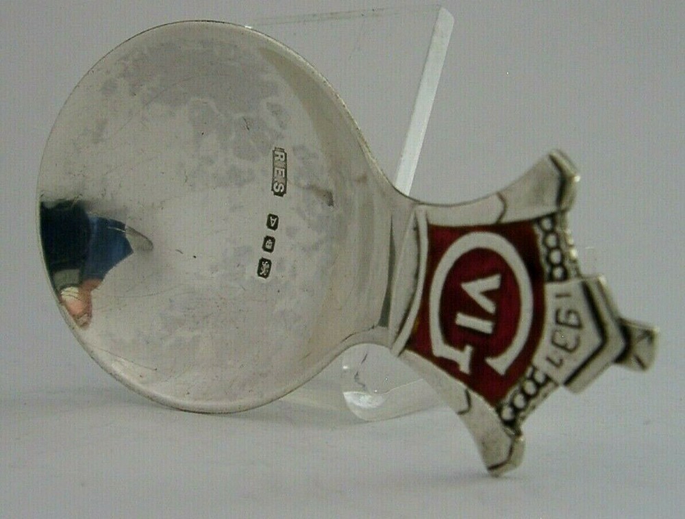 RARE RE STONE GEORGE VI STERLING SILVER CADDY SPOON ENAMEL 1937 PLANNISHED