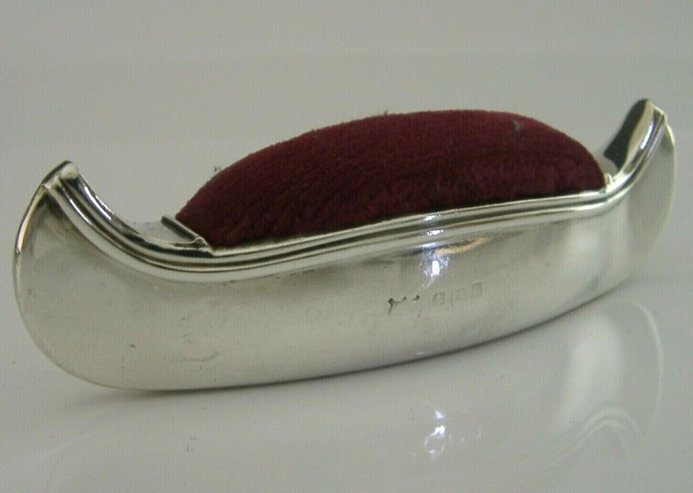 RARE SOLID STERLING SILVER CANOE PIN CUSHION 1907 SEWING NEEDLEWORK ANTIQUE