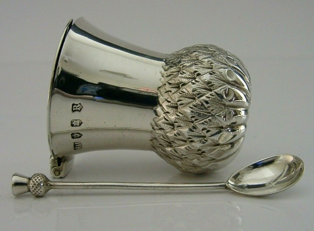 WONDERFUL SCOTTISH ANTIQUE SOLID SILVER THISTLE MUSTARD POT 1922
