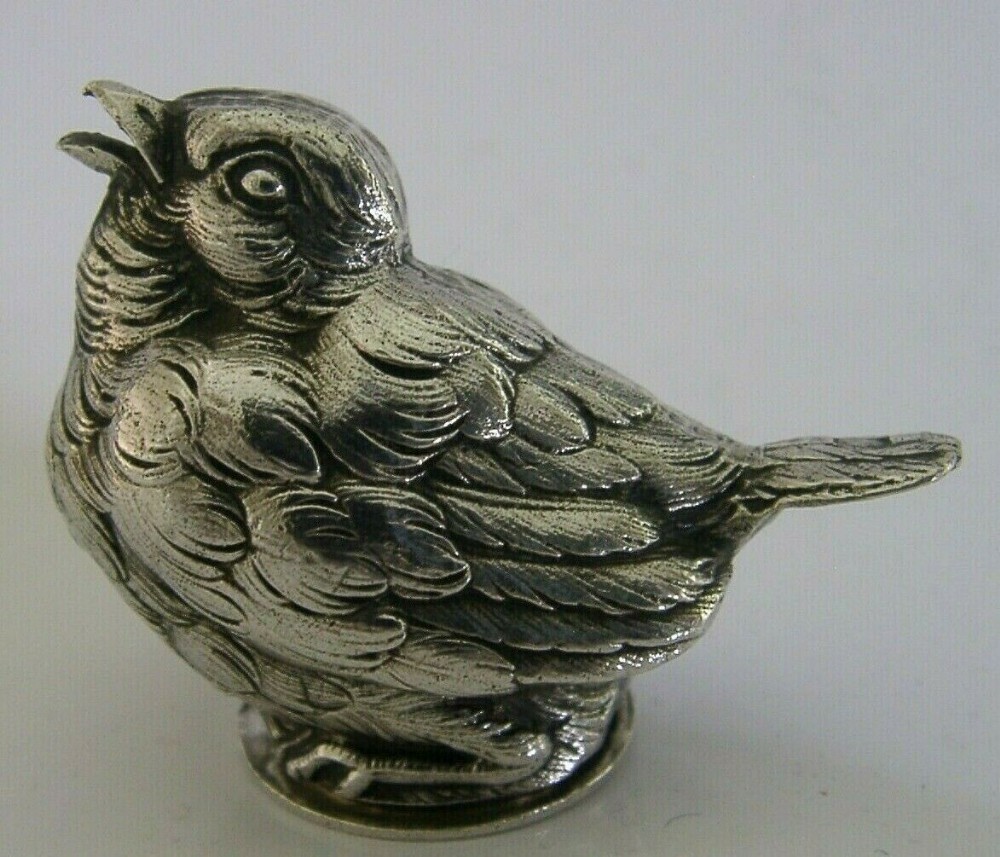 PRETTY FRENCH SOLID SILVER BIRD CHICK PEPPERETTE PEPPER POT ANIMAL c1948