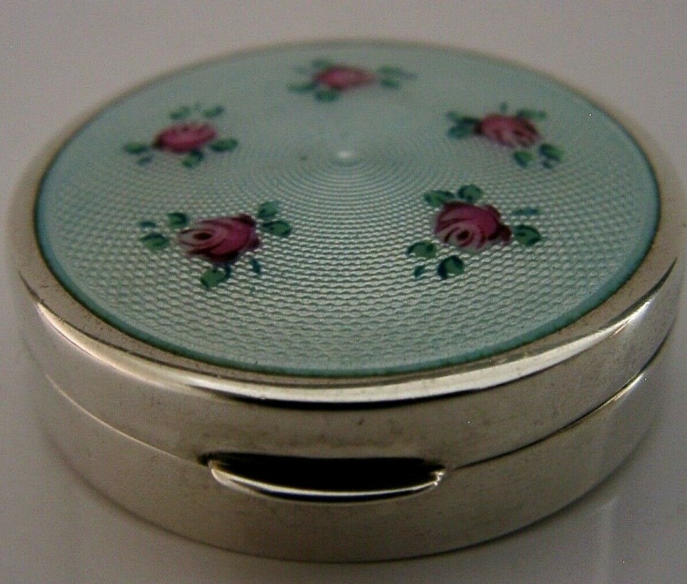 PRETTY STERLING SILVER ENAMEL PILL SNUFF BOX c1920 ART DECO