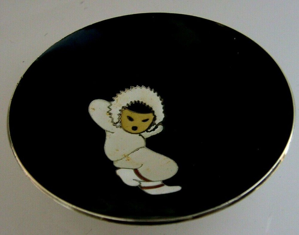 RARE DANISH SOLID STERLING SILVER AND ENAMEL ESKIMO INUIT DISH c1950s