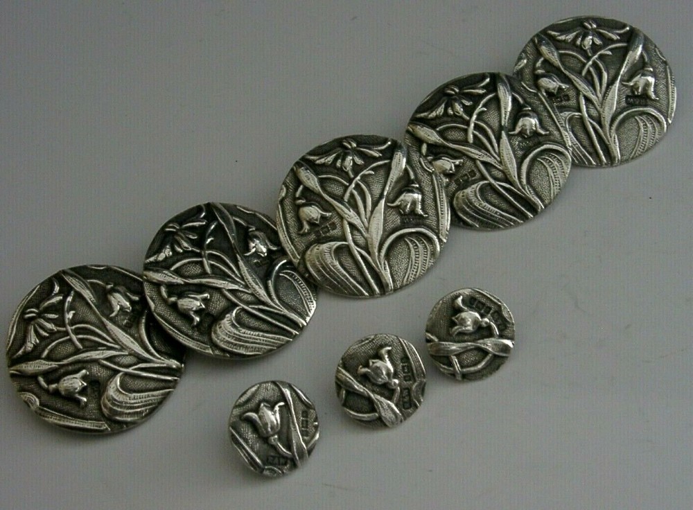 EIGHT STERLING SILVER ART NOUVEAU SNOW DROP BUTTONS 1902 ANTIQUE LARGE 1.25inch