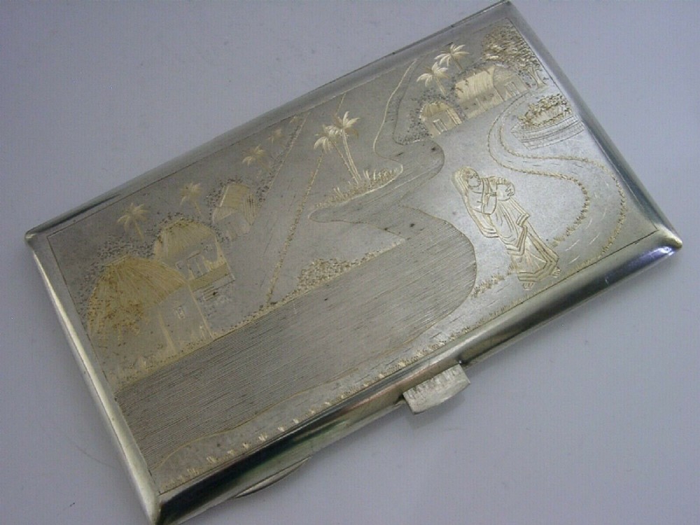 RARE HEAVY 194g INDIAN SOLID STERLING SILVER CIGARETTE CASE c1920s ANTIQUE