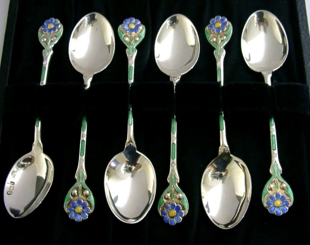 SIX STUNNING ENGLISH SOLID STERLING SILVER ENAMEL FLOWER SPOONS 1940 CASED