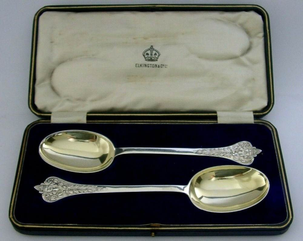 STUNNING 172g ENGLISH STERLING SILVER SERVING SPOONS 1919 ANTIQUE CASED