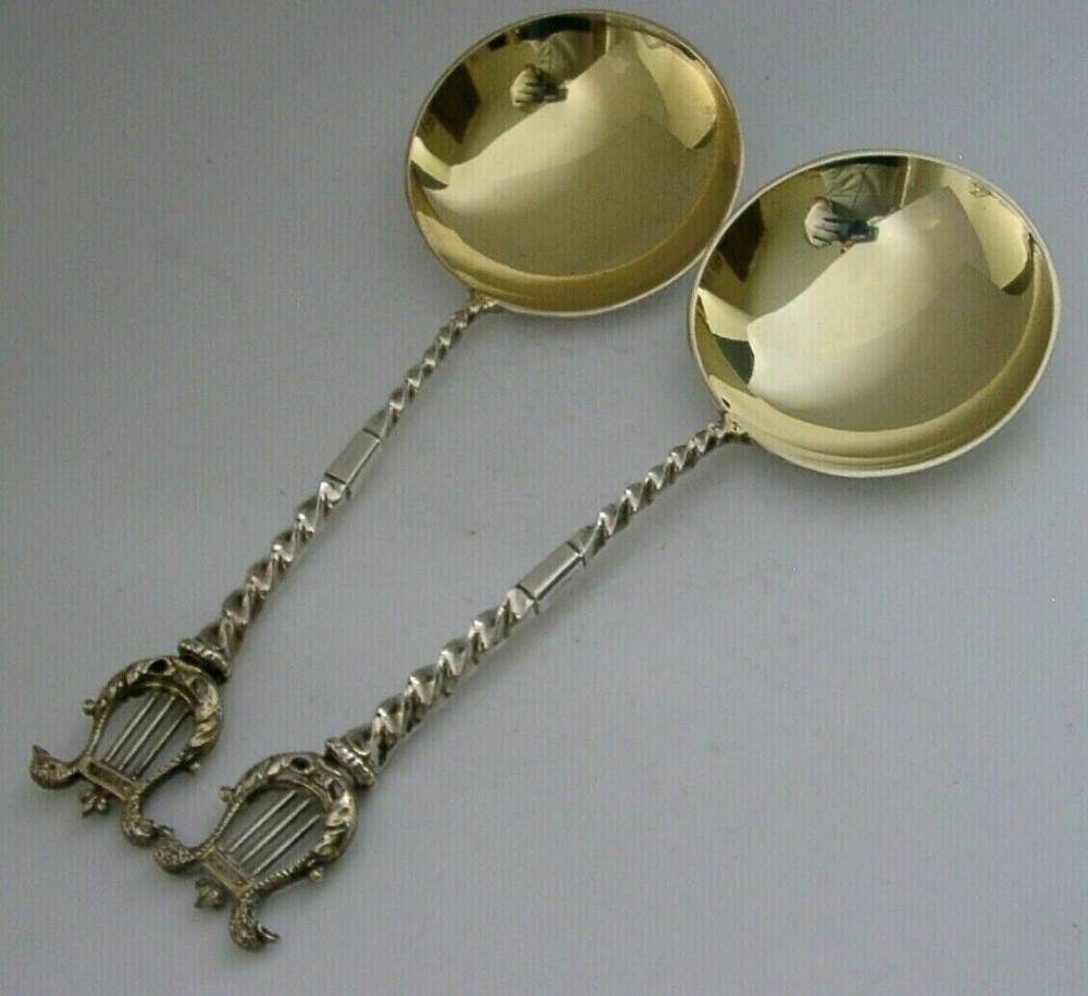 RARE LYRE HARP STERLING SILVER SERVING SPOONS 1895 VICTORIAN 105g