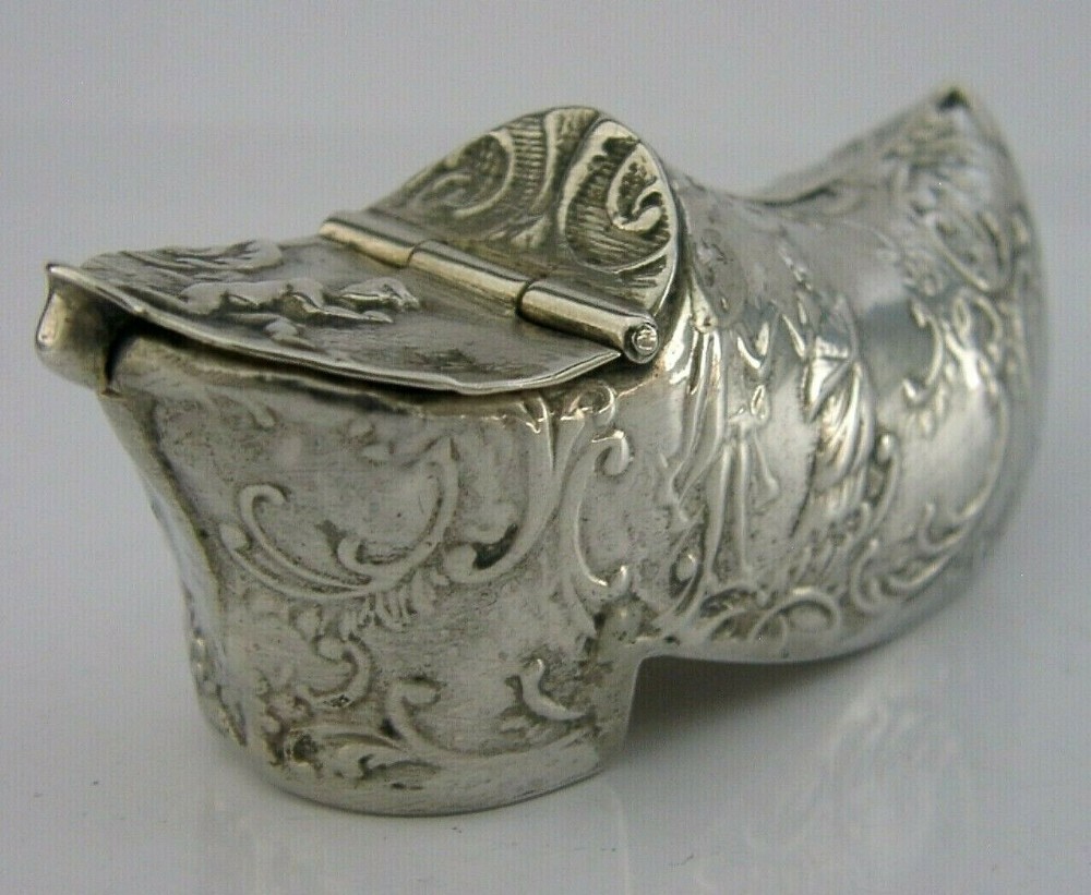 RARE DUTCH SOLID SILVER CLOG SHOE SNUFF BOX c1900 NOVELTY ANTIQUE 30g