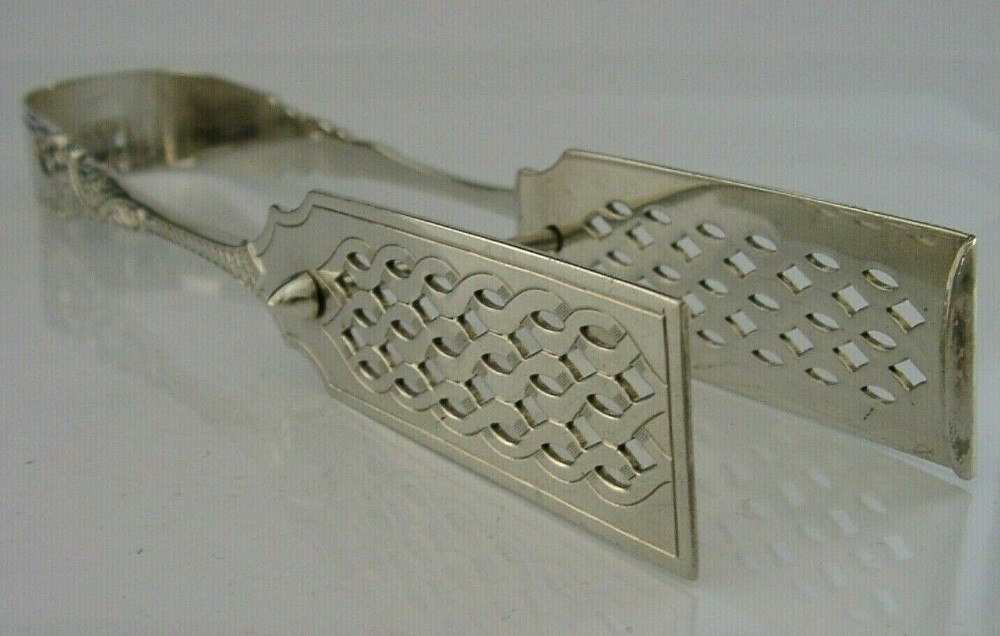VICTORIAN HEAVY 140g SOLID STERLING SILVER SERVING TONGS 1898 ANTIQUE