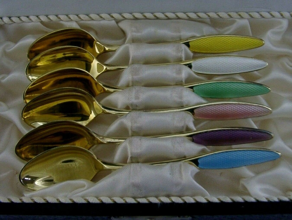SIX STUNNING CASED DANISH SOLID STERLING SILVER GILT ENAMEL SPOONS c1960 DENMARK