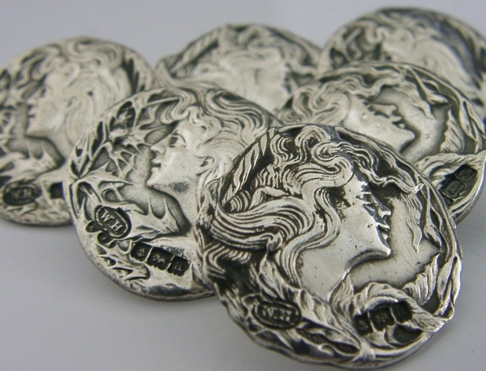 SIX ENGLISH SOLID STERLING SILVER ART NOUVEAU MAIDEN BUTTONS 1900 STUNNING