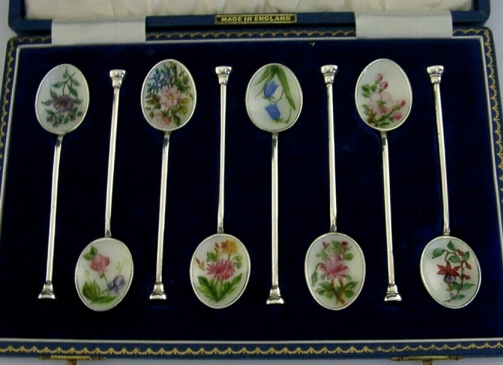 SUPERB RARE EIGHT ENGLISH STERLING SILVER ENAMEL FLOWER SPOONS 1961 CASED 84g