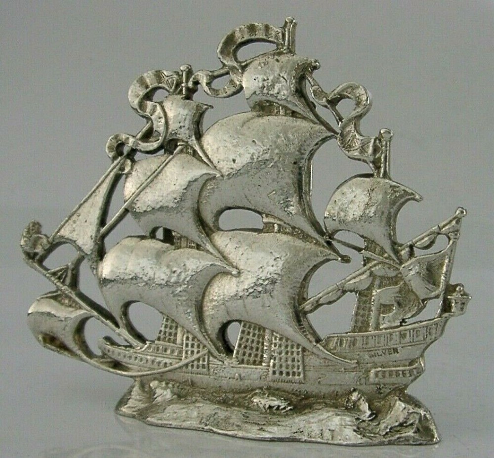 RARE LARGE HEAVY 98g STERLING SILVER MENU HOLDER GALLEON SHIP c1920 STUNNING