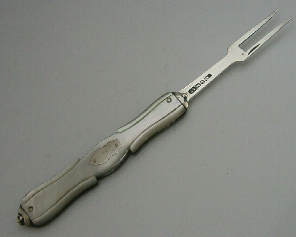 RARE SHAPE VICTORIAN STERLING SILVER MOTHER OF PEARL FOLDING FORK 1854 ANTIQUE