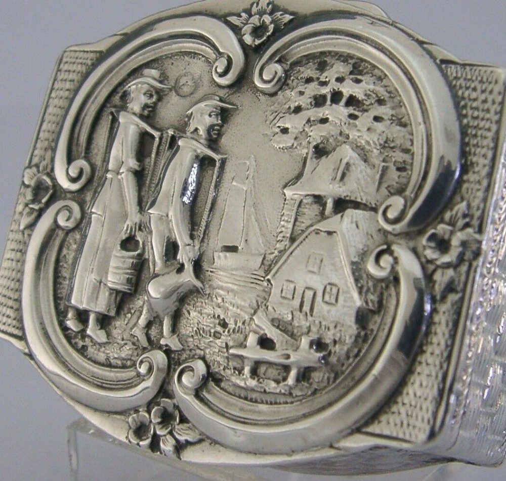RARE DUTCH EXPORT SOLID SILVER PICTURE TOP BOX 1901 ANTIQUE