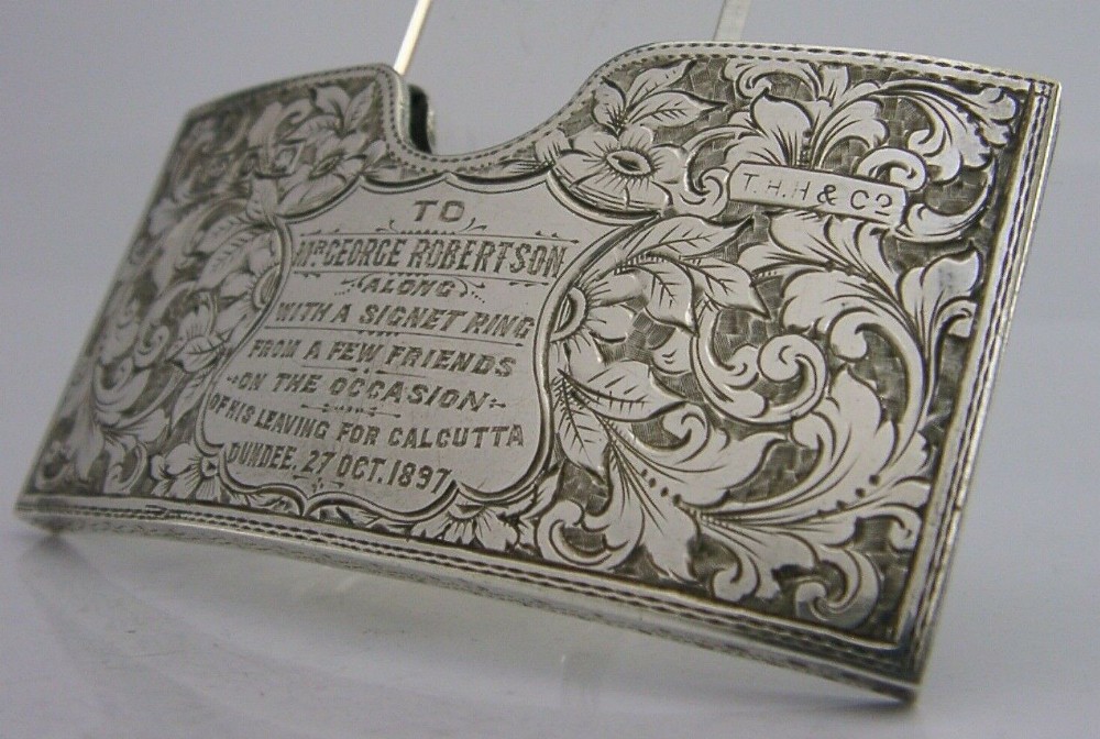 VICTORIAN SOLID SILVER INDIAN DUNDEE PRESENTATION CARD CASE 1896 ANTIQUE 32g