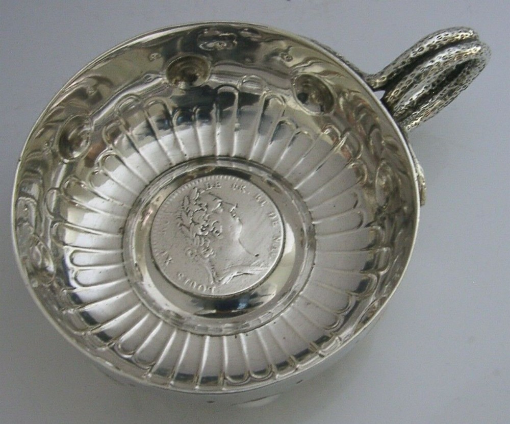 RARE ENGLISH IMPORT STERLING SILVER 1732 COIN WINE TASTER 1909 SNAKE HANDLE