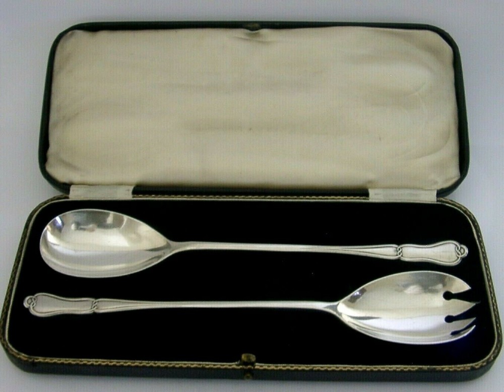 ART NOUVEAU ENGLISH STERLING SILVER SALAD SERVERS 1934 ANTIQUE CASED