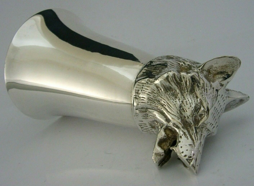 ENGLISH SILVER PLATED FOX HEAD STIRRUP CUP c1960s ANTIQUE 334g FOX HUNTING