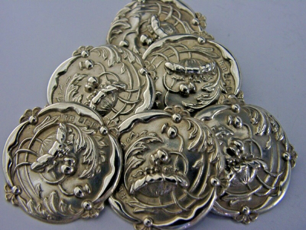 SIX ENGLISH SOLID STERLING SILVER ART NOUVEAU POPPY FLOWER BUTTONS 1904 STUNNING