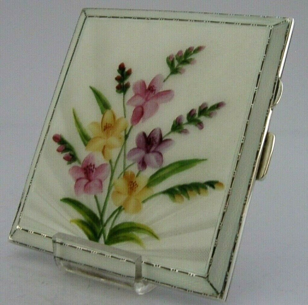 STUNNING ENGLISH STERLING SILVER ENAMEL FREESIA CIGARETTE CASE 1960 124g