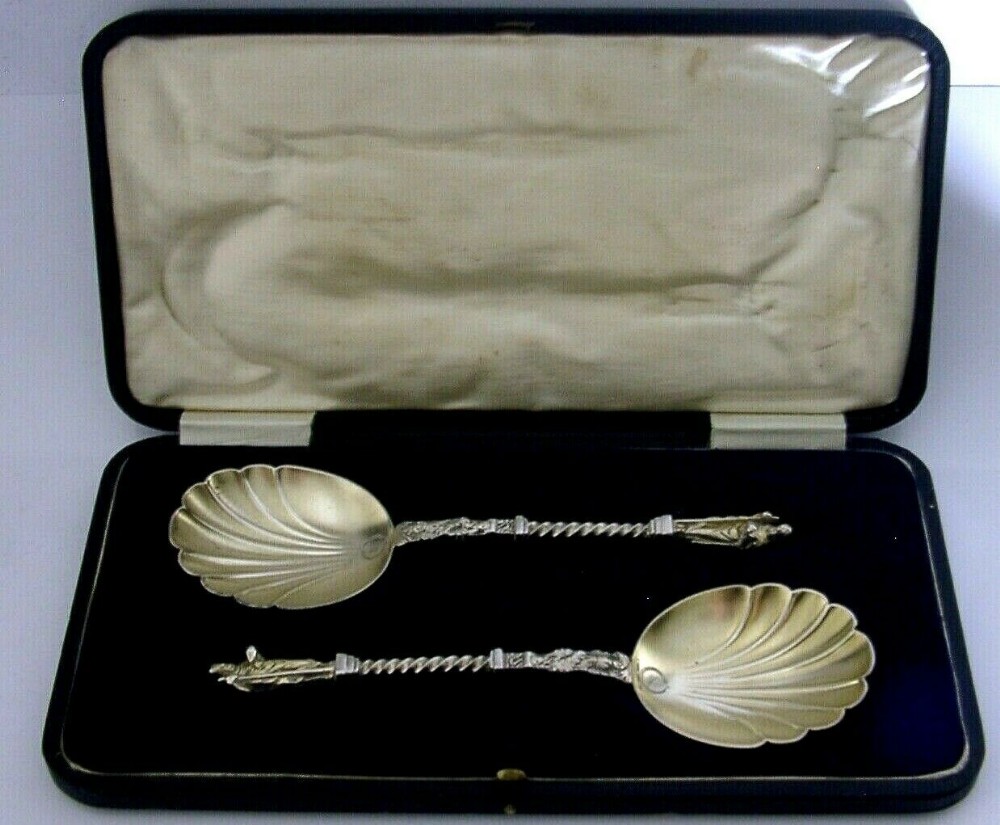 SUPERB ENGLISH STERLING SILVER APOSTLE SERVING SPOONS 1871 ANTIQUE CASED 156g
