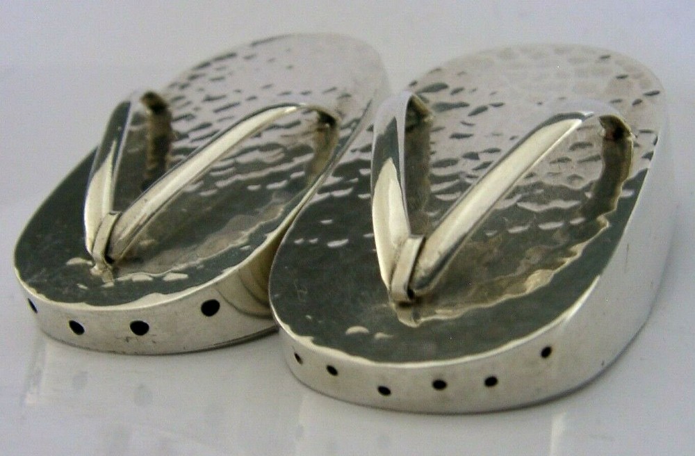 NOVELTY JAPANESE SOLID STERLING SILVER SHOES SALT & PEPPER POTS c1920 ANTIQUE