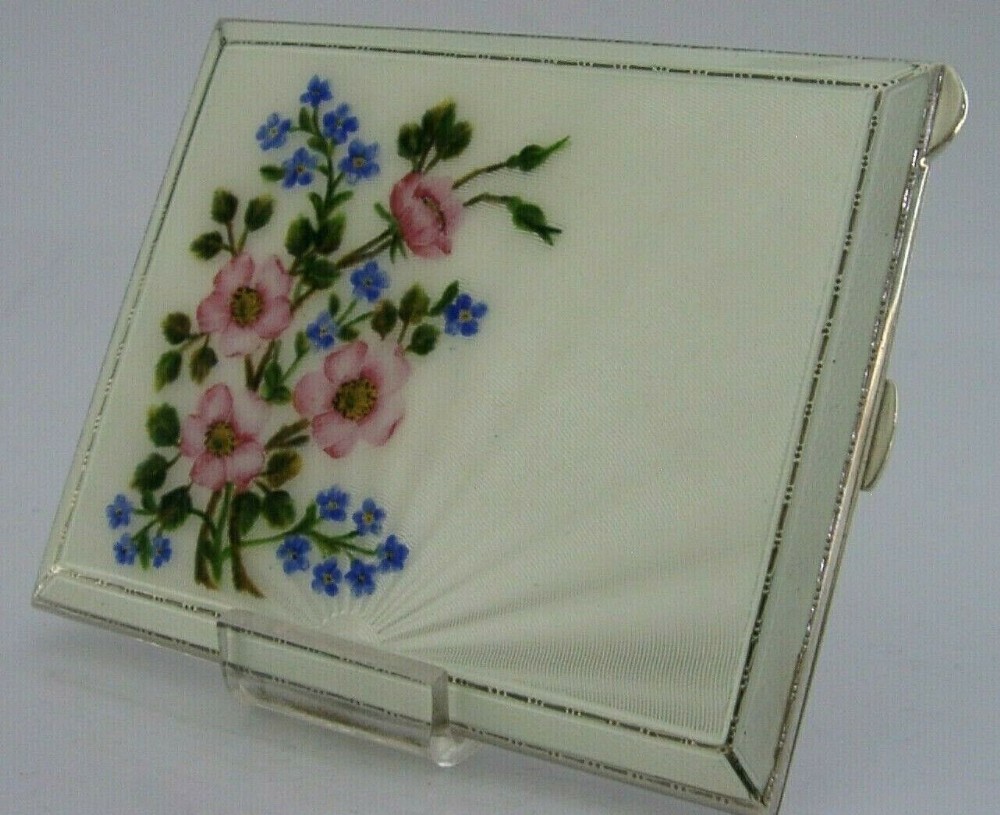 STUNNING ENGLISH WILD FLOWERS STERLING SILVER ENAMEL CIGARETTE CASE 1955 172g