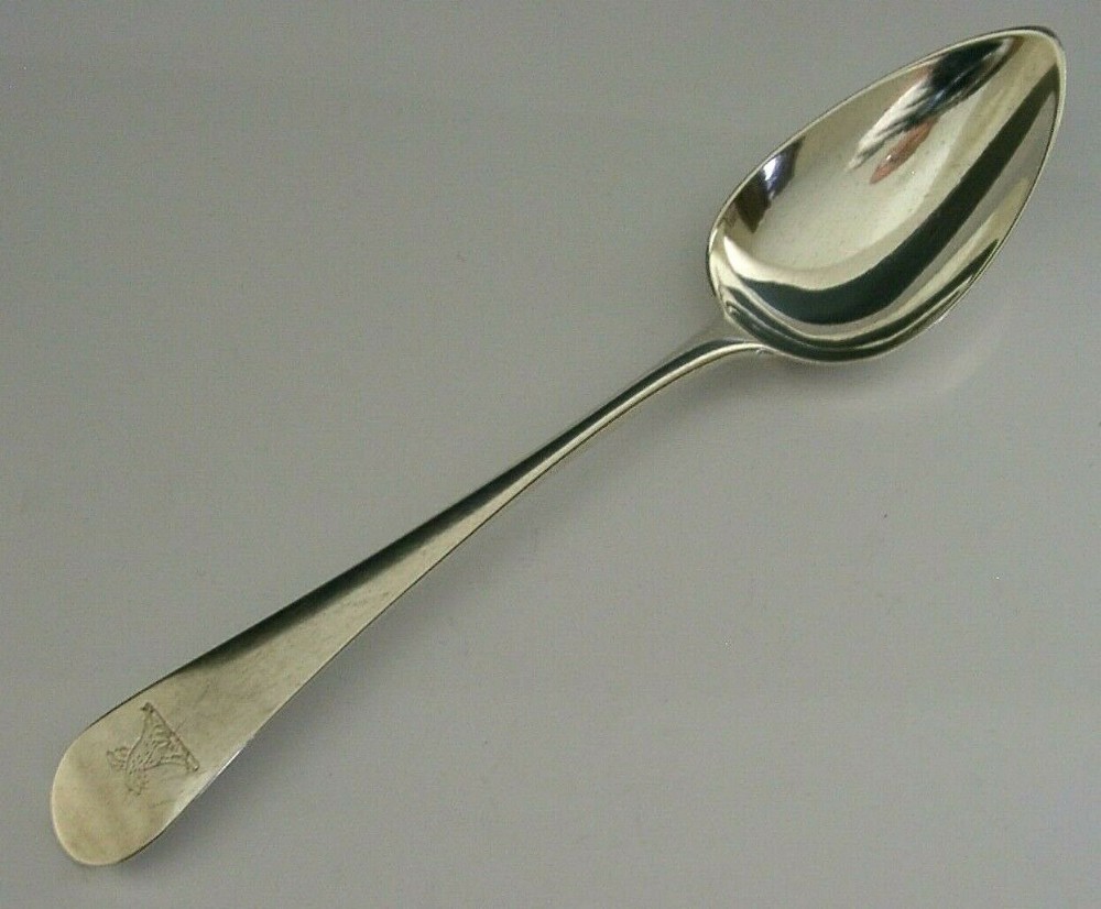 ENGLISH GEORGIAN STERLING SILVER DOBSON FAMILY CRESTED SERVING SPOON 1800