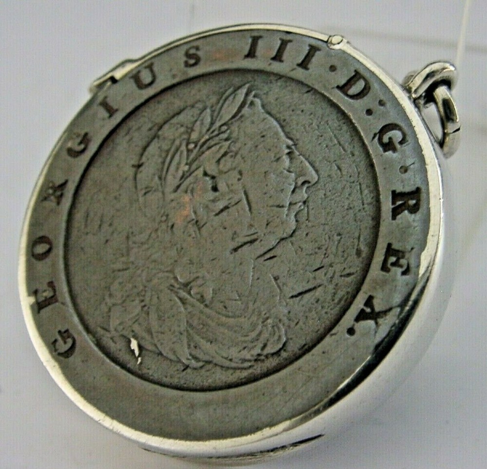 RARE SOLID STERLING SILVER 1797 CARTWHEEL PENNY COIN VESTA CASE 1890 ANTIQUE 50g