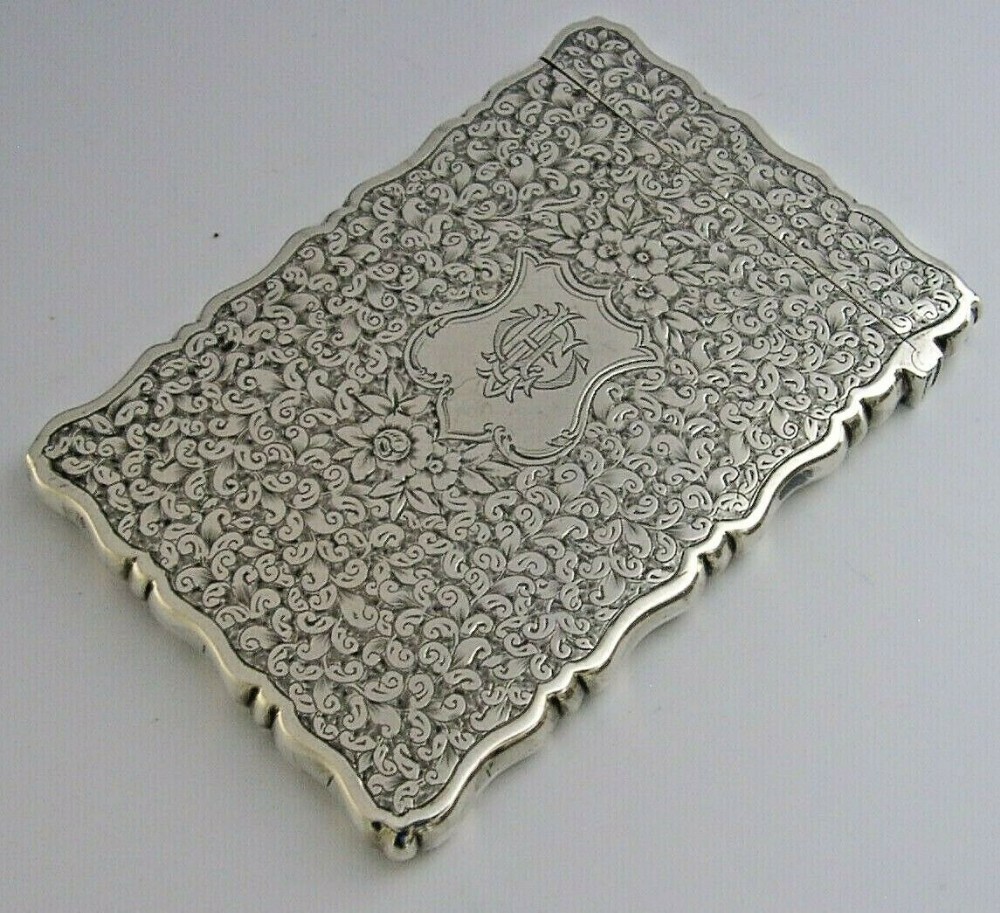 STUNNING SOLID STERLING SILVER VICTORIAN CARD CASE 1881 ANTIQUE 58g LEFT HANDED