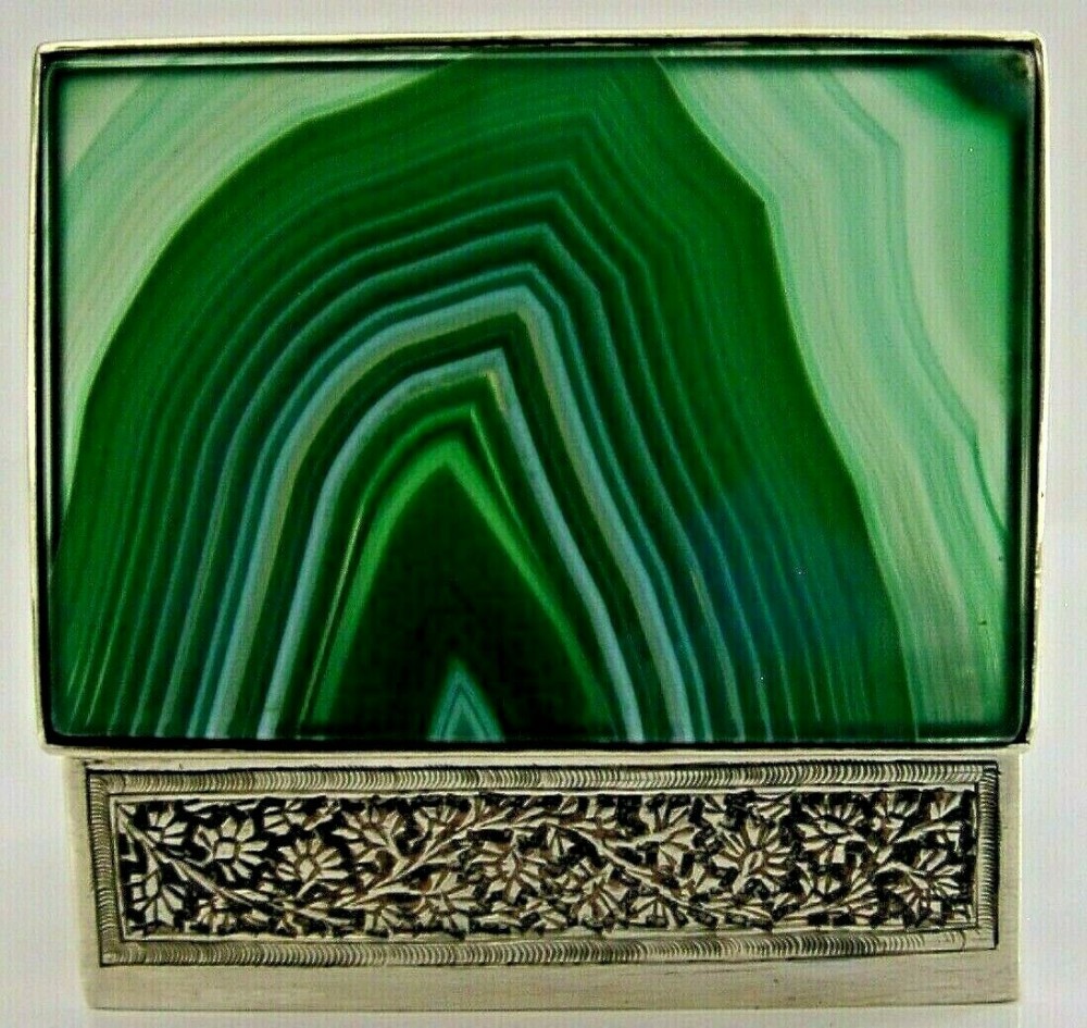 STUNNING INDIAN SOLID SILVER AGATE TABLE BOX c1920 ANTIQUE 110g
