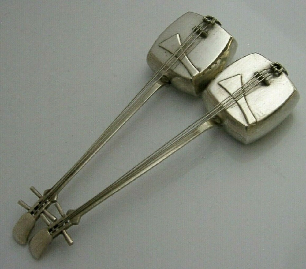 NOVELTY JAPANESE STERLING SILVER SHAMISEN INSTRUMENT PEPPER POTS 1940 ANTIQUE