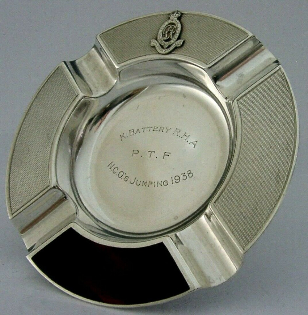RARE STERLING SILVER ENAMEL THE KING'S TROOP RHA MILITARY ASH TRAY 1938 100g