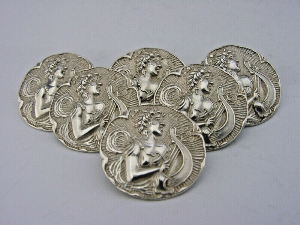 SIX ENGLISH STERLING SILVER ART NOUVEAU CLASSICAL MAIDEN BUTTONS 1906-07 ANTIQUE