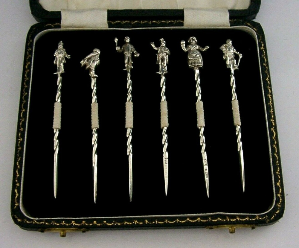 RARE SET OF ENGLISH STERLING SILVER DICKENS FIGURES COCKTAIL STICKS 1957 BARWARE