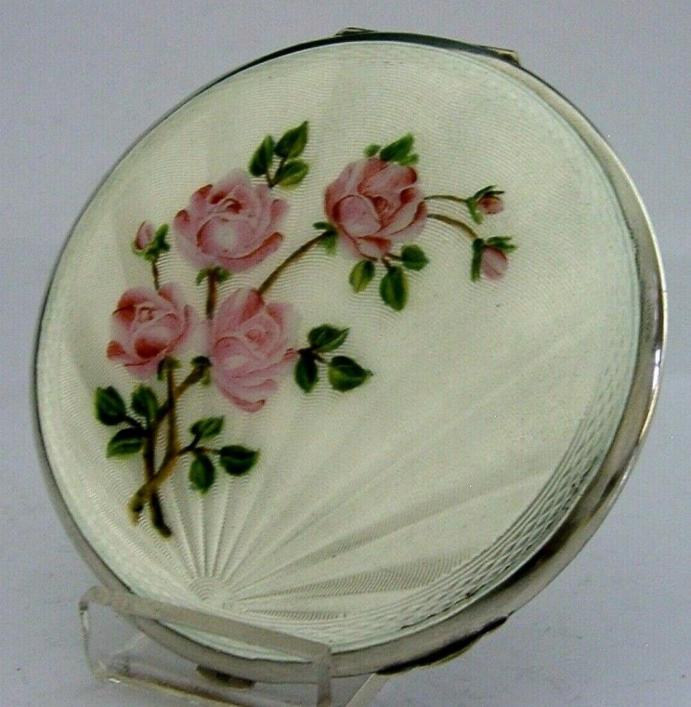 MINT STUNNING ENGLISH ROSE STERLING SILVER ENAMEL COMPACT 1959 MAPPIN & WEBB