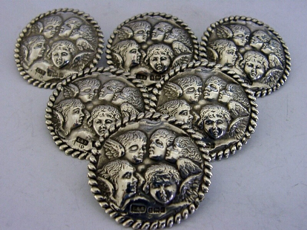 SIX LARGE ENGLISH STERLING SILVER REYNOLDS ANGELS CHERUBS BUTTONS 1900 ANTIQUE