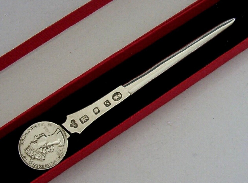 STERLING SILVER ROYAL CORONATION LETTER OPENER 1953 QUEEN ELIZABETH DESK ITEM