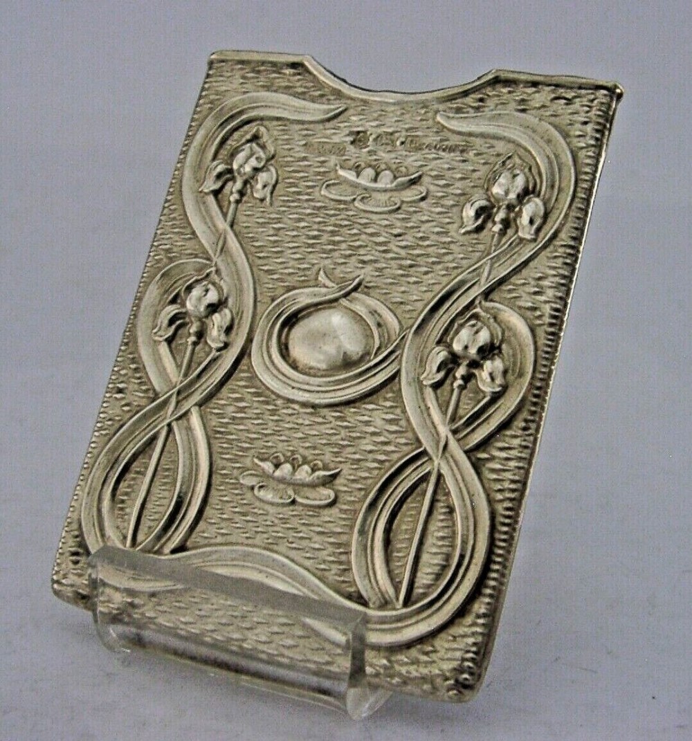PRETTY ART NOUVEAU SOLID STERLING SILVER BUSINESS CARD CASE 1904 ENGLISH ANTIQUE