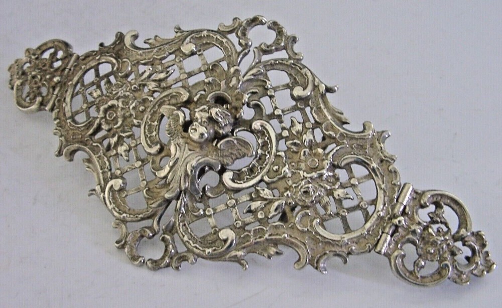 UNUSUAL LARGE GERMAN SOLID SILVER CHERUB BELT BUCKLE c1900 HINGED ANTIQUE 38g