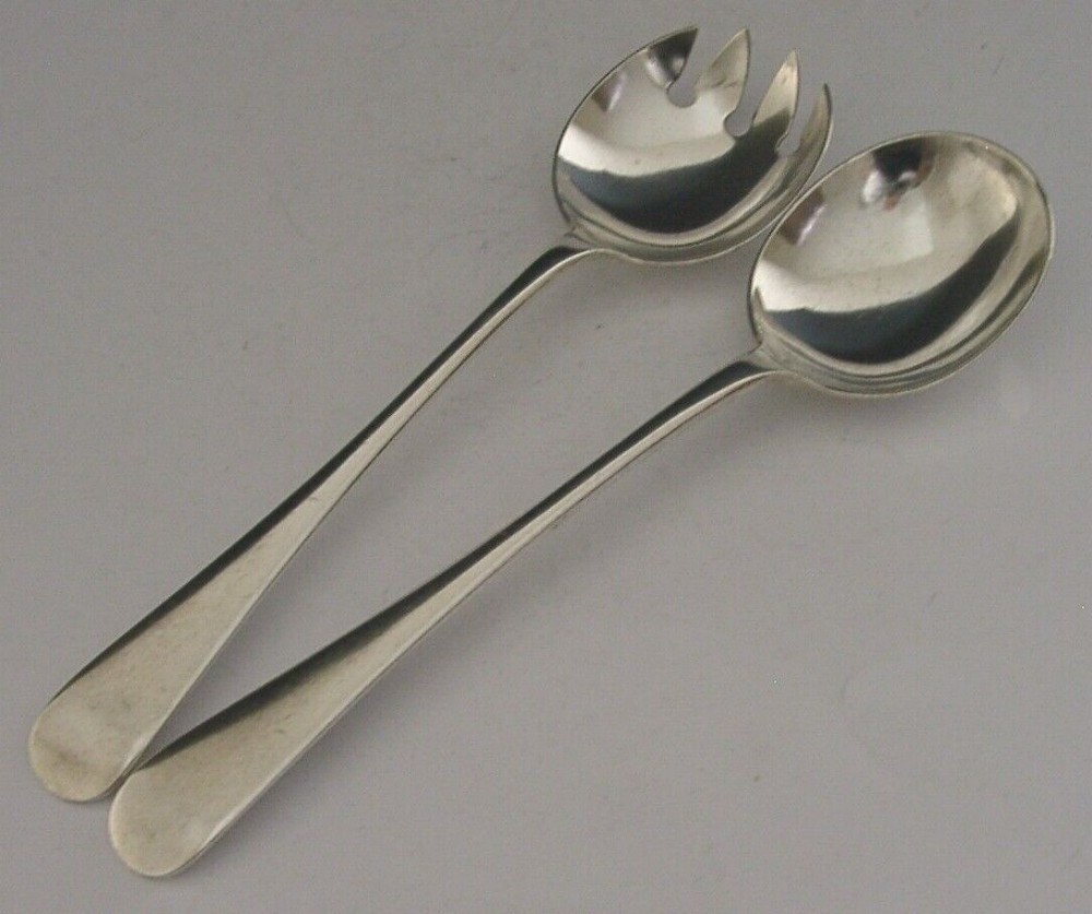 HEAVY OLD ENGLISH PATTERN SOLID STERLING SILVER SALAD SERVERS 1926 ANTIQUE 120g