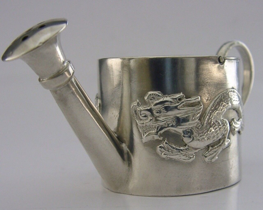 RARE CHINESE EXPORT SILVER WATERING CAN PEPPER SPICE POT c1910 ANTIQUE DRAGON